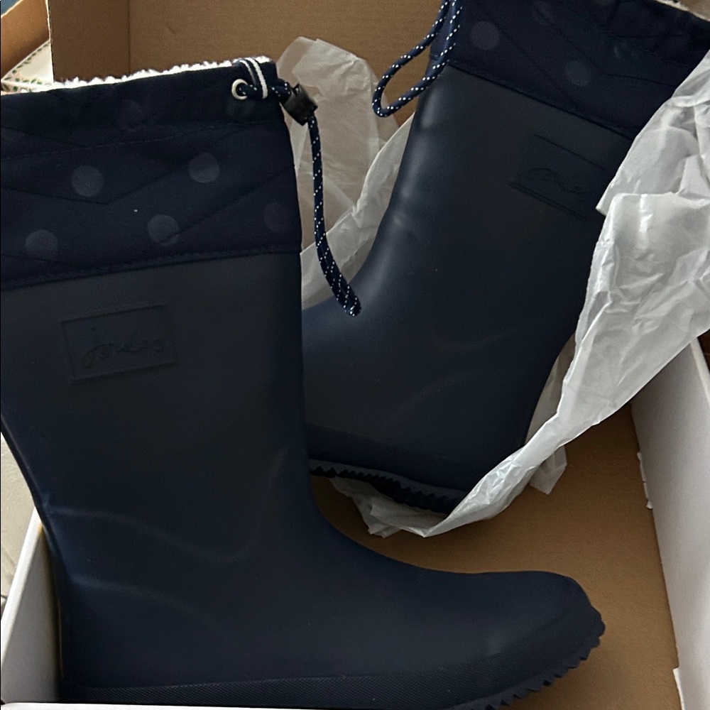 Navy Waterproof Rain Boots with Drawstring Cuff Joules size 7 new in box